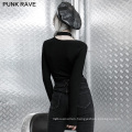 Punk style spring women shirt halter long sleeve embroidery black knit T shirtsOPT-569T ladies clothes wholesale price PUNK RAVE